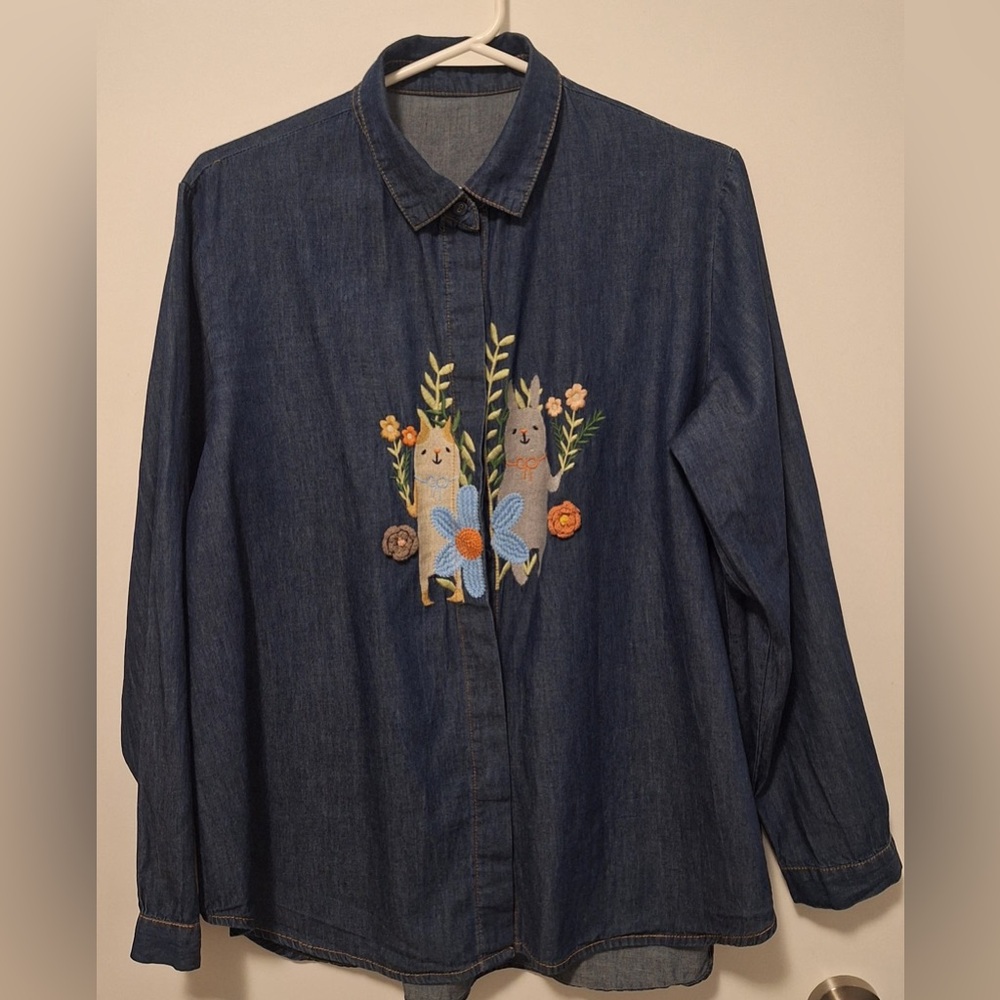 Embroidered Denim Shirt with Floral Design